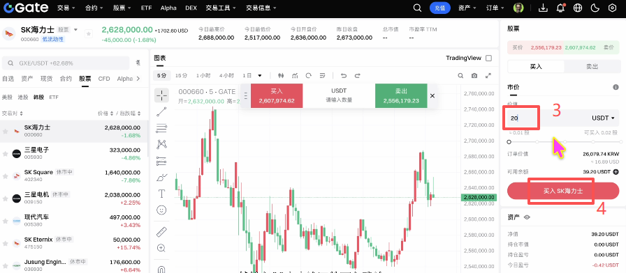 Gate韩股海力士下单界面
