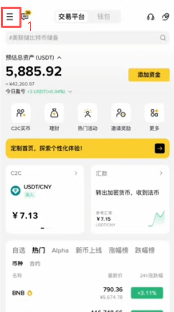 首页左上角小方块展开后选择使用BNB的设置页