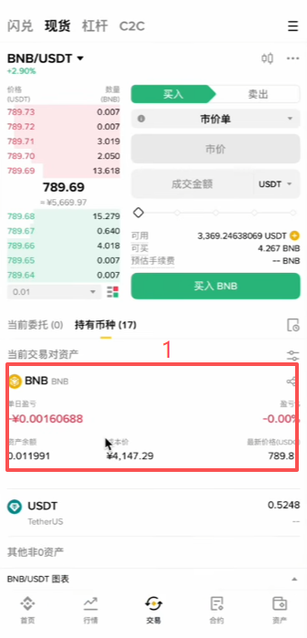 币安APP「划转」页面从现货账户转BNB到合约账户的操作界面