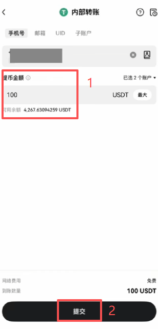 输入数量进行转账页面