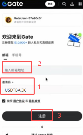 Gate.io邮箱注册填写界面