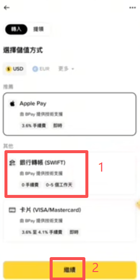 币安储值美元Swift转账信息页面