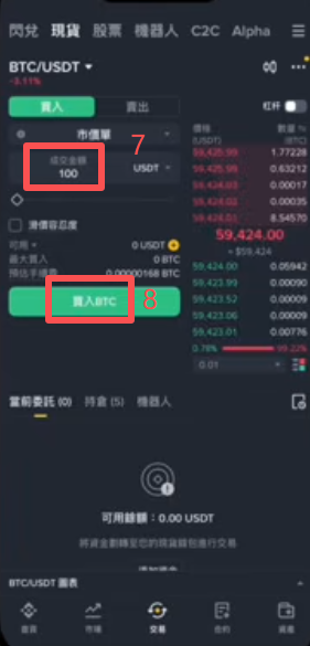 币安BTC/USDT现货交易界面K线和买入框