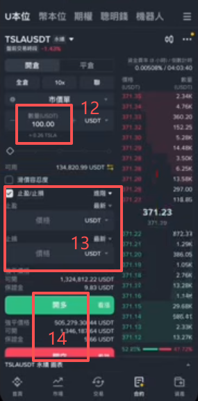 币安特斯拉永续合约开仓界面