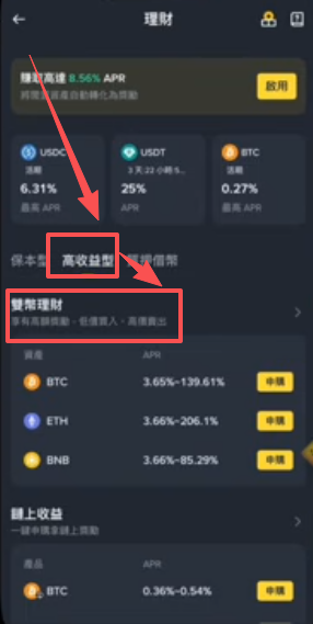 币安高收益型理财双币产品列表界面