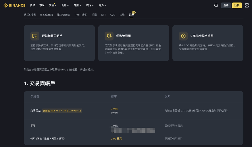币安美股收费项目截图页面