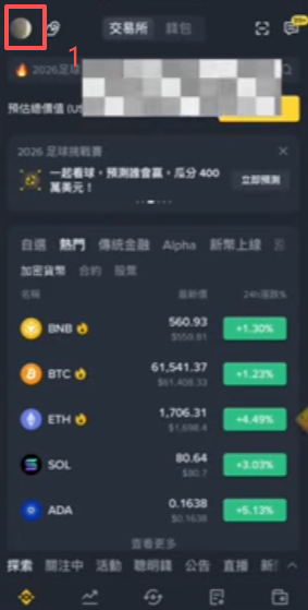 币安APP账户资讯页右上角切换按钮