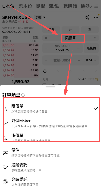 合约下单区限价市价选项切换