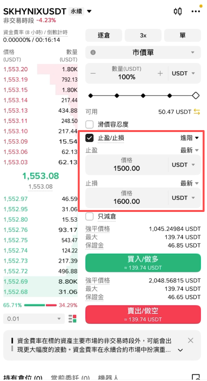 合约止盈止损价格填写弹窗界面