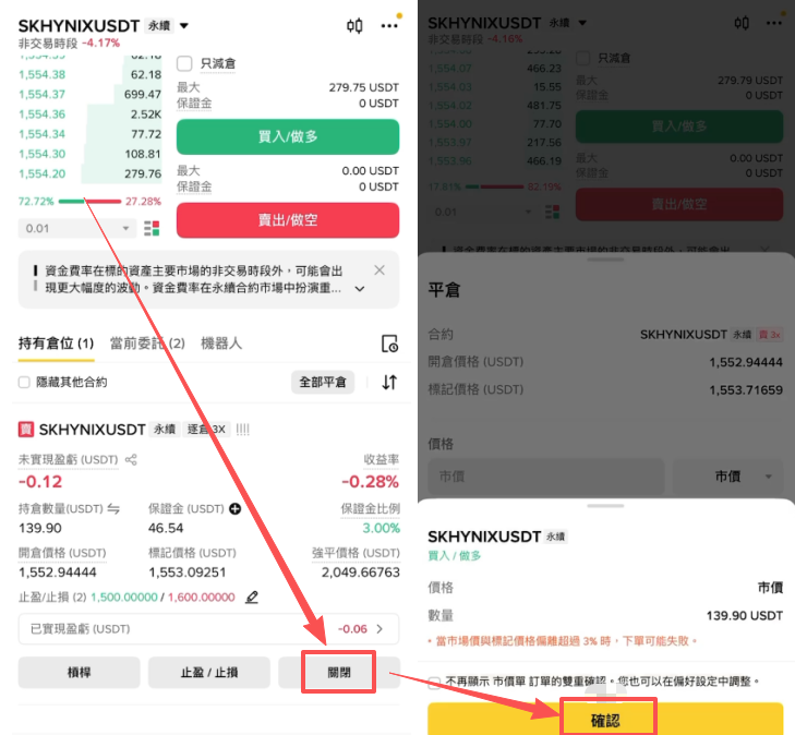 持仓列表右下角关闭平仓确认弹窗