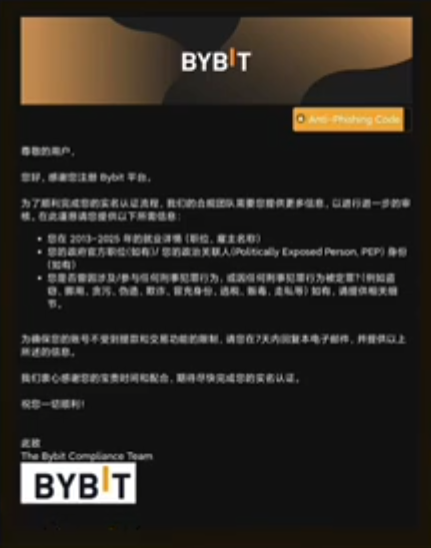 Bybit合规审查邮件问题示例