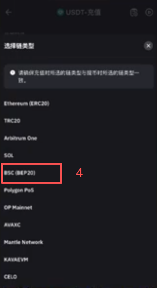 Bybit充值页面选择BEP20链条界面