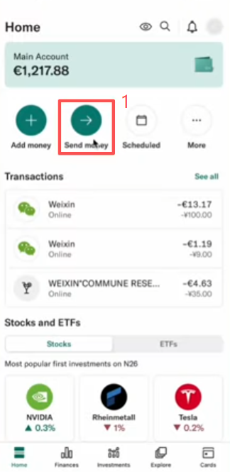 N26 Send Money填写OKX的IBAN信息界面