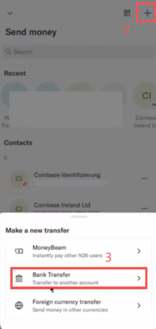 N26 Send Money填写OKX的IBAN信息界面