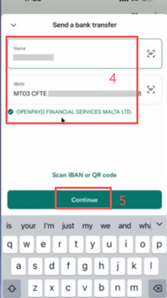 N26 Send Money填写OKX的IBAN信息界面