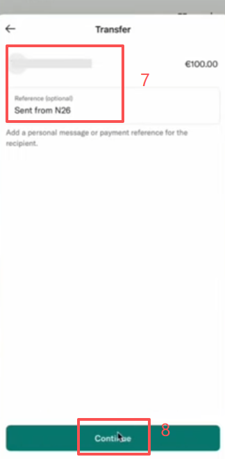 N26 Send Money填写OKX的IBAN信息界面