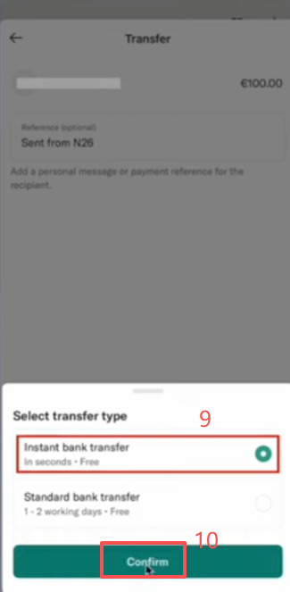 N26 Send Money填写OKX的IBAN信息界面