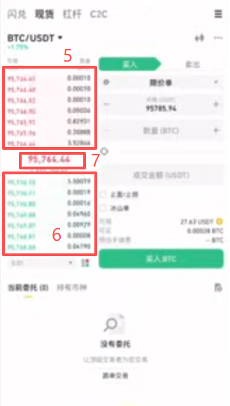 币安现货BTC/USDT交易盘口界面