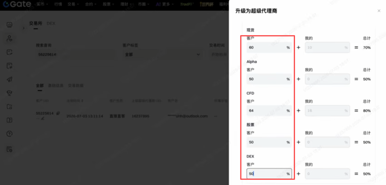 Gate代理商后台子代理返佣比例设置界面