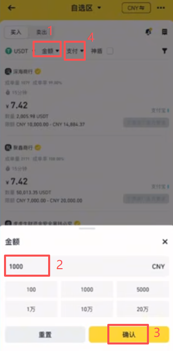 筛选金额和支付方式页面