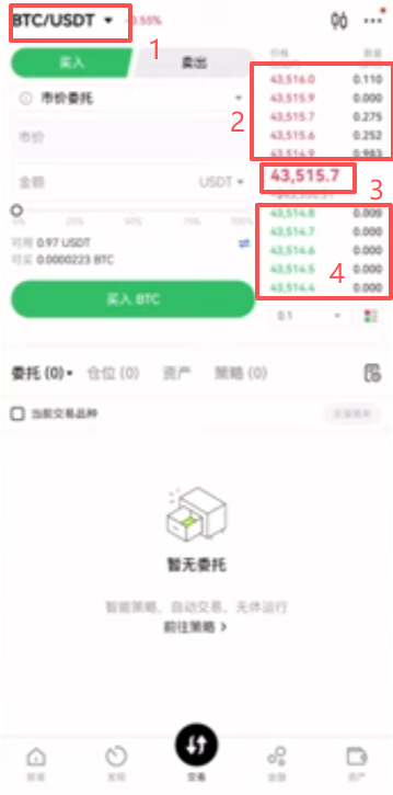 欧易BTC/USDT买卖盘界面