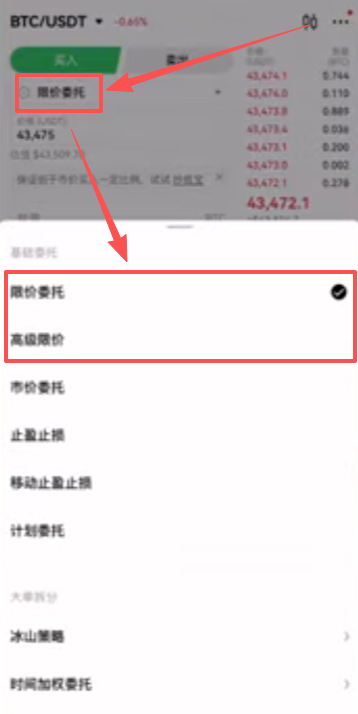 欧易下单方式选择限价委托与市价委托界面