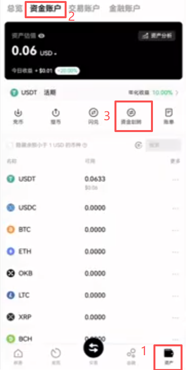 欧易资金账户划转到交易账户操作界面