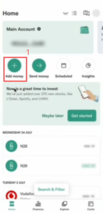 N26 APP添加借记卡充值100欧界面