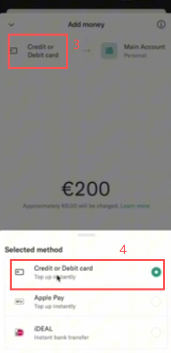 N26 APP添加借记卡充值100欧界面