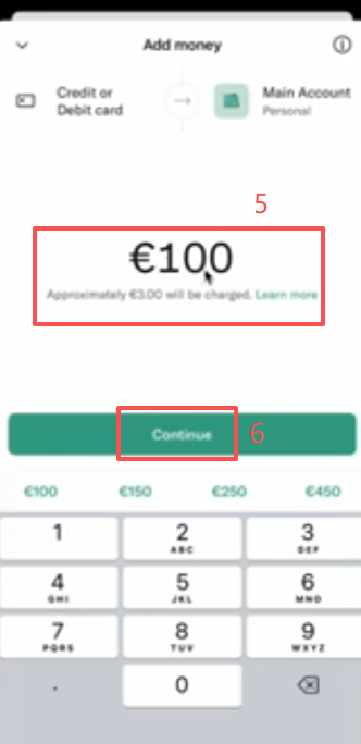 N26 APP添加借记卡充值100欧界面