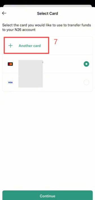 N26 APP添加借记卡充值100欧界面