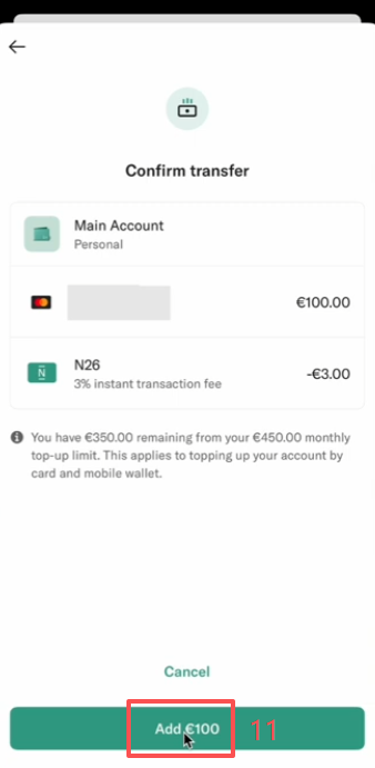N26 APP添加借记卡充值100欧界面