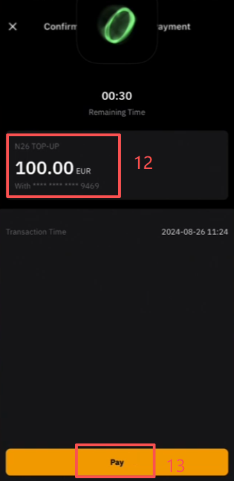 N26 APP添加借记卡充值100欧界面