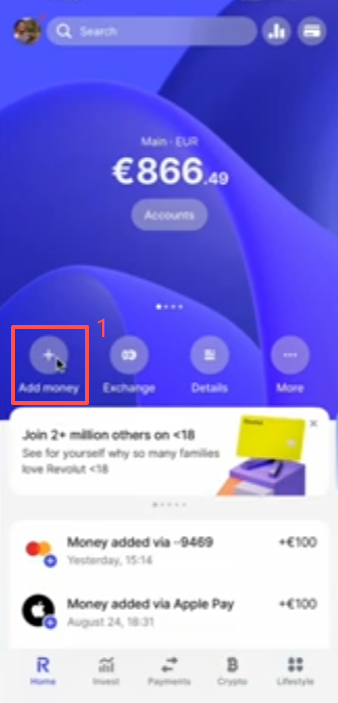 Revolut APP充值100欧完成到账界面