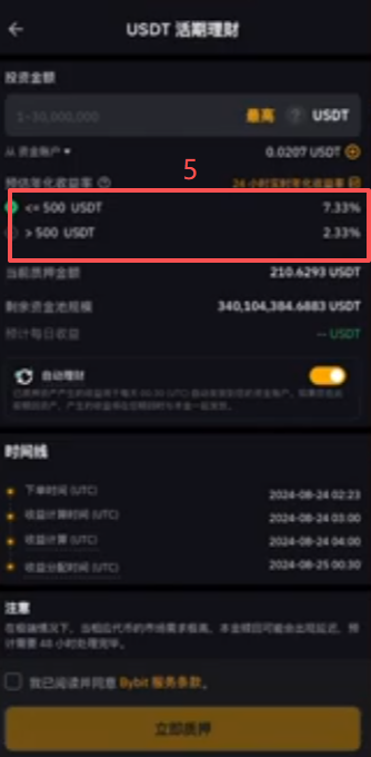 Bybit理财USDT保本型产品年化收益界面
