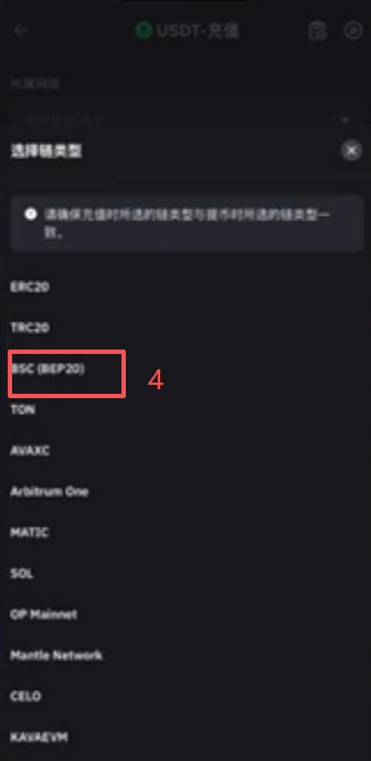 Bybit充值页面选择BEP20链和复制地址界面