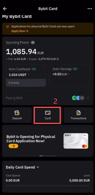 Bybit Card首页管理界面冻结和设置按钮