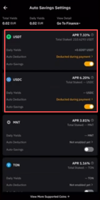 Bybit Card底部Auto Saving和Cashback开关设置界面