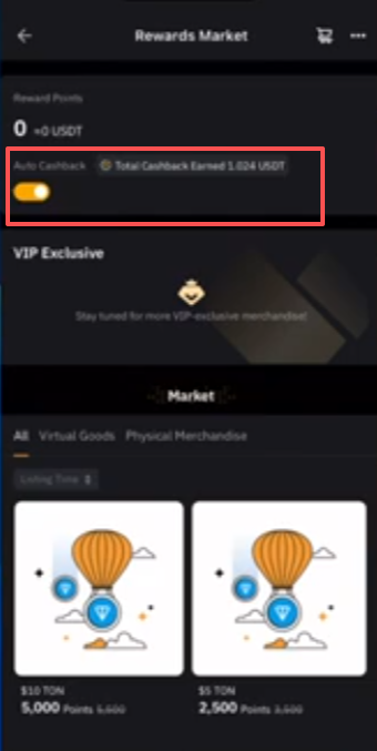 Bybit Card底部Auto Saving和Cashback开关设置界面