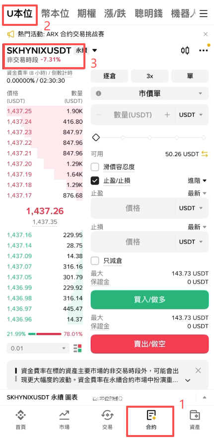 币安APP合约页TradFi栏目界面