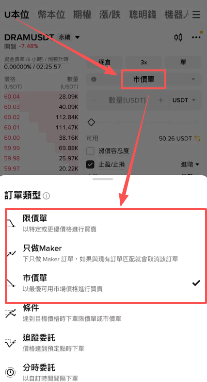 币安合约下单区限价单市价单切换