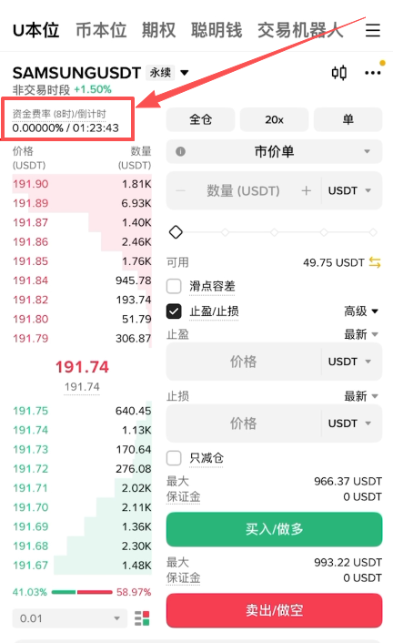 三星电子合约资金费率及倒计时显示