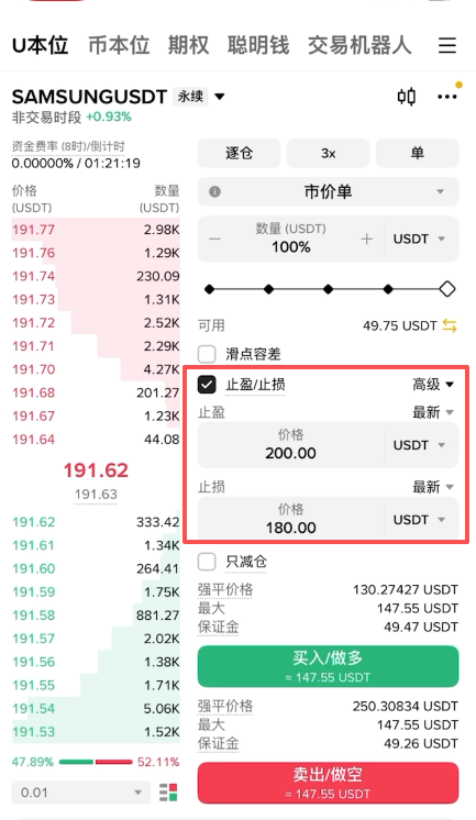 币安合约止盈止损价格填写界面