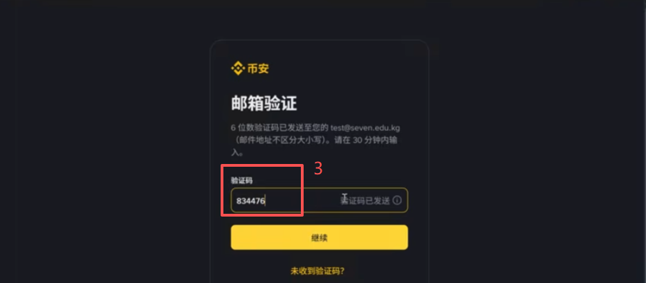币安邮箱输入和验证码填写界面