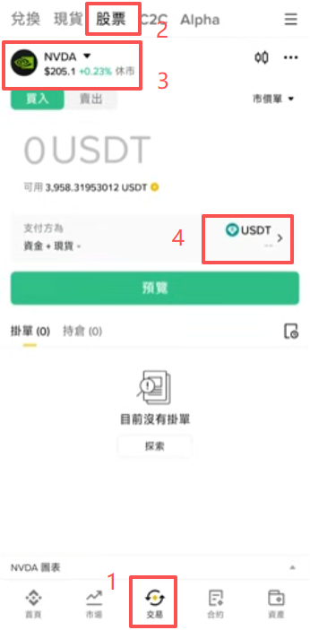 币安App股票标签搜索NVDA界面