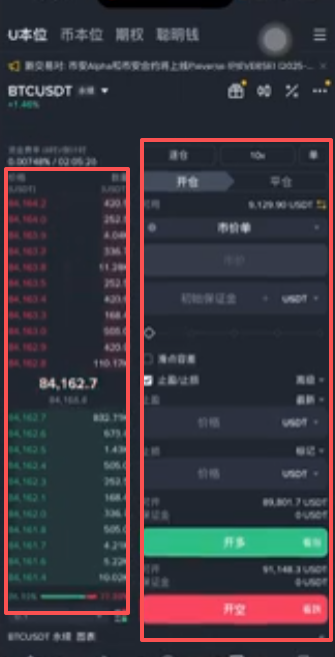 币安U本位合约主界面左右分区布局