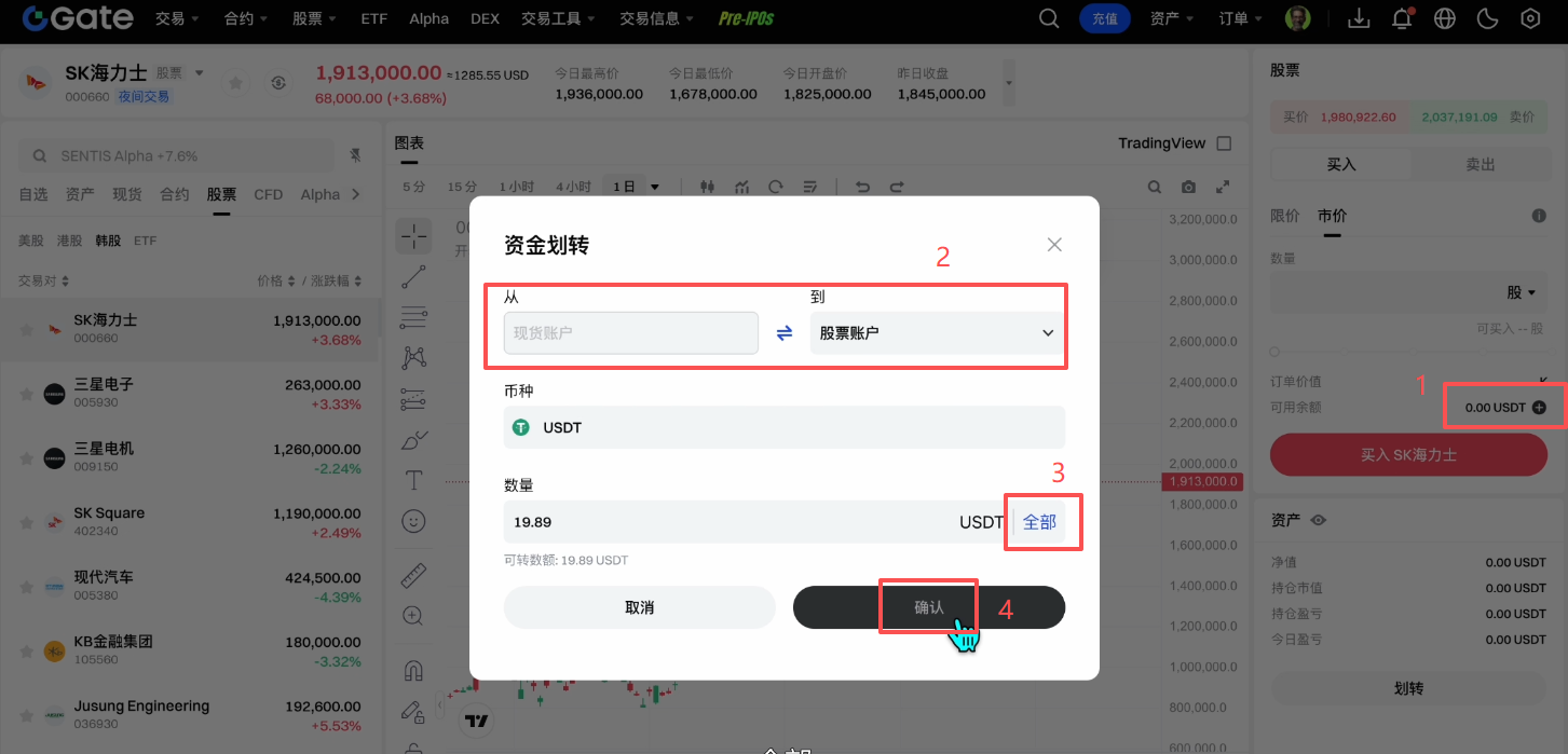 Gate现货账户划转至股票账户界面