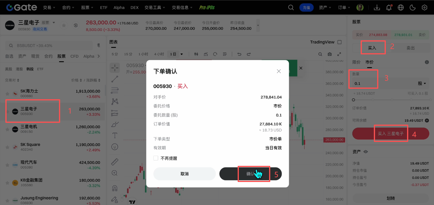 Gate买入三星电子确认弹窗界面