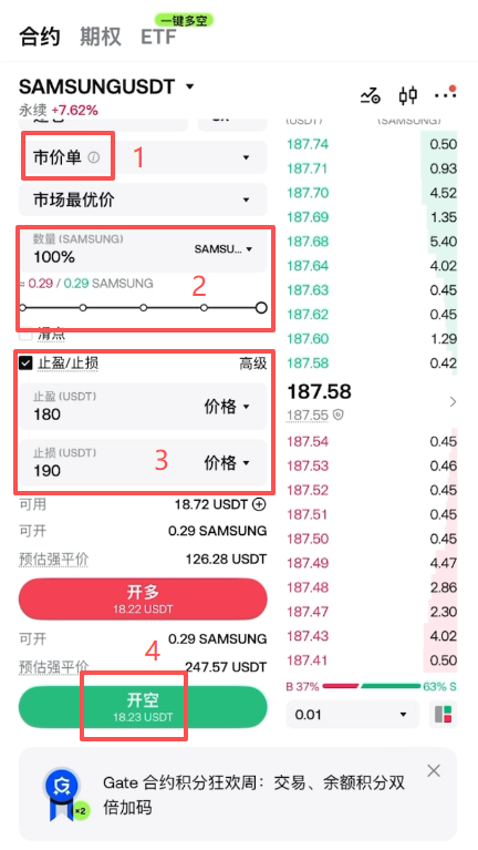 Gate合约开空仓止盈止损设置界面