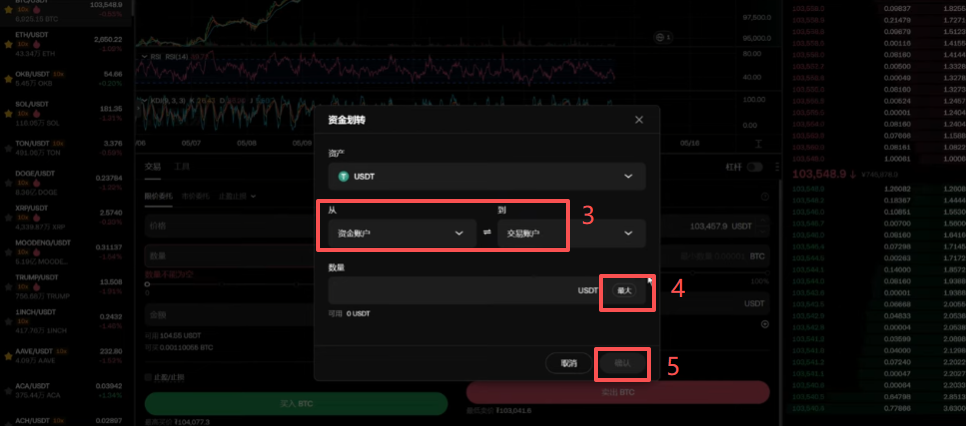 欧易资金账户划转到交易账户的操作界面